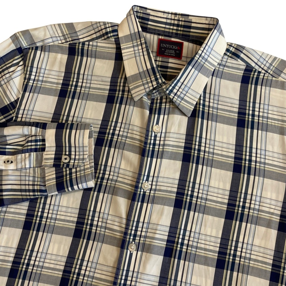 UNTUCKit Mens XL Long Sleeve Button Down Shirt Navy‎ Blue White Plaid *BUTTON*